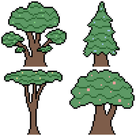 vector pixel art set tree isolatedのイラスト素材