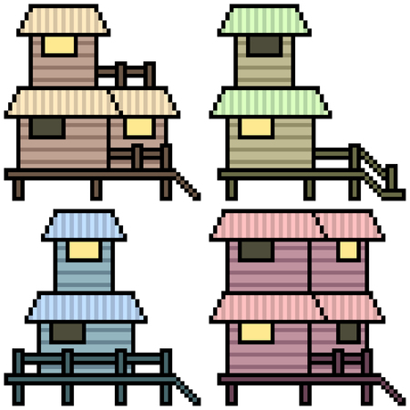 vector pixel art set wood house isolatedのイラスト素材