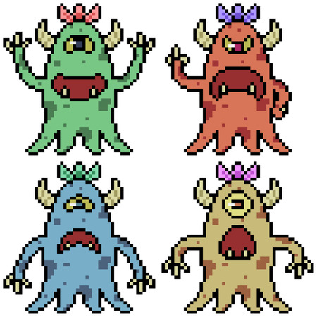 vector pixel art set monster isolatedのイラスト素材