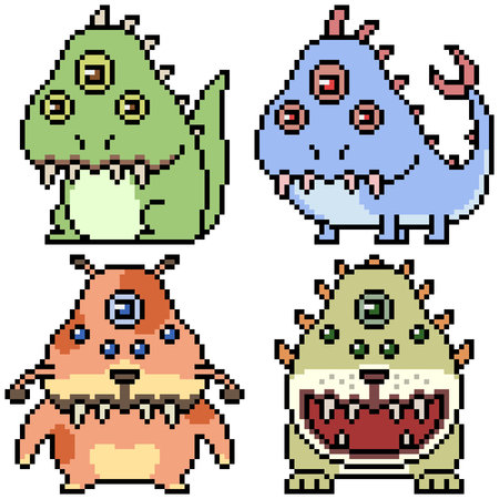 vector pixel art set monster isolatedのイラスト素材