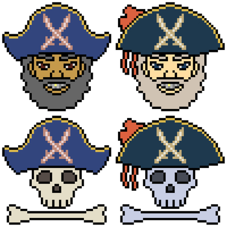 vector pixel art set pirate isolatedのイラスト素材