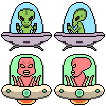 vector pixel art set ufo isolatedのイラスト素材
