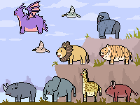vector pixel art scene animal setのイラスト素材
