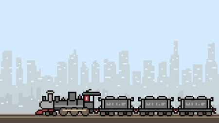 vector pixel art train city landscapeのイラスト素材