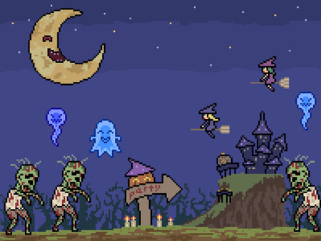 vector pixel art halloween scene party