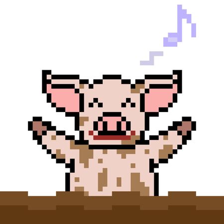Vector pixel art pig play mud isolated.のイラスト素材