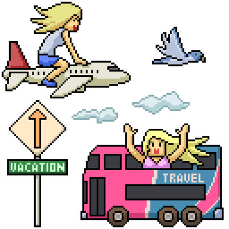 vector pixel art holiday travel isolated set