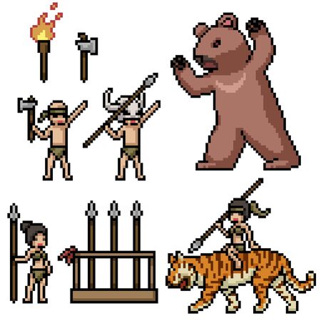 vector pixel art stoneage people isolated setのイラスト素材