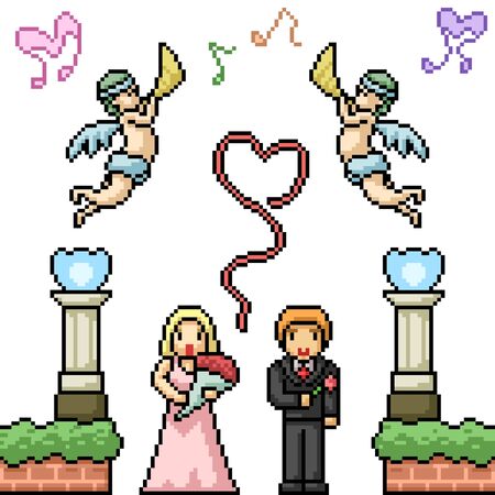 vector pixel art marriage couple isolated setのイラスト素材
