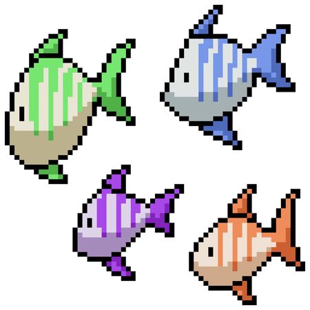 vector pixel art isolated fish schoolのイラスト素材