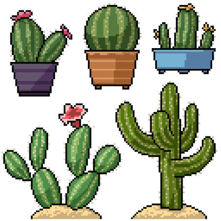 pixel art set isolated cactus decorationのイラスト素材