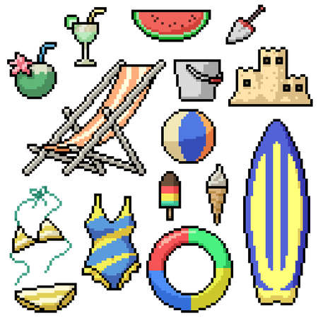 pixel art set isolated beach itemsのイラスト素材
