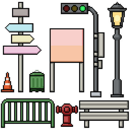 pixel art set isolated street items propのイラスト素材