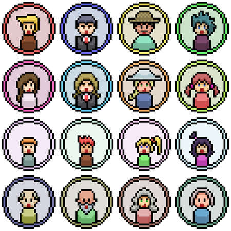 pixel art set isolated people face iconのイラスト素材