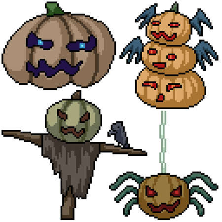 pixel art set isolated pumpkin monster halloweenのイラスト素材