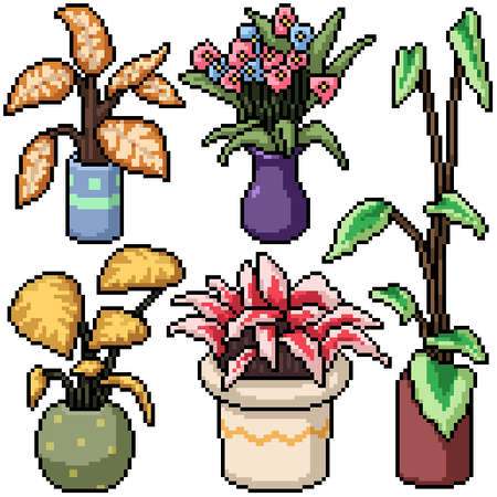 pixel art set isolated plant decorationのイラスト素材