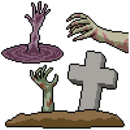pixel art set isolated horror handのイラスト素材