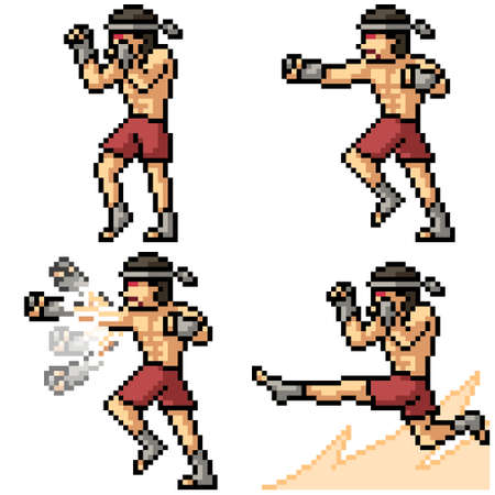 pixel art set isolated muay thai fighterのイラスト素材