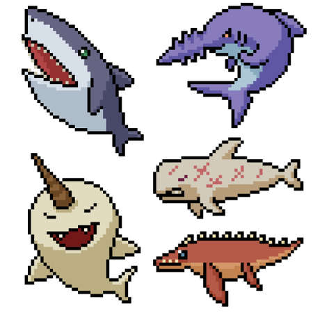 pixel art set isolated fish monsterのイラスト素材