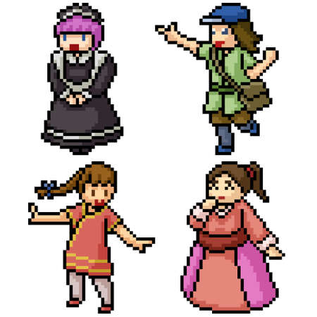 pixel art set isolated lovely womanのイラスト素材