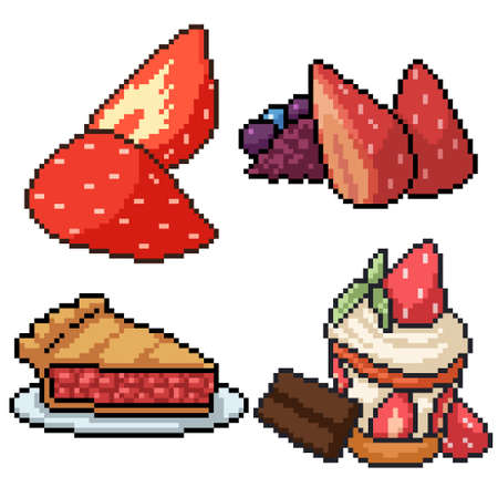 pixel art set isolated strawberry dessertのイラスト素材
