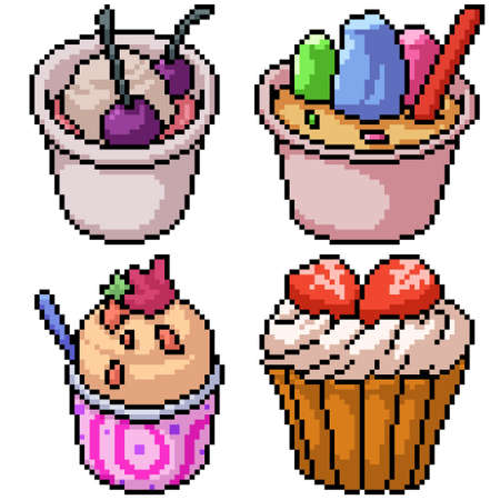 pixel art set isolated ice cream puddingのイラスト素材