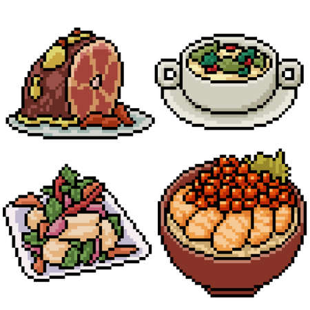 pixel art set isolated asian restaurantのイラスト素材