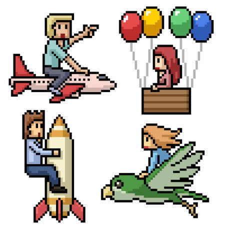 pixel art of people flying dreamのイラスト素材