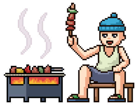 pixel art of boy enjoy barbecueのイラスト素材