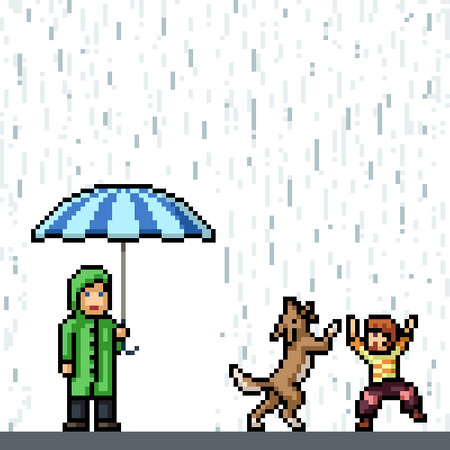pixel art of kid enjoy rainのイラスト素材