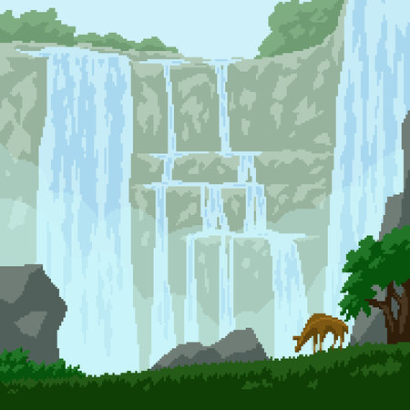 pixel art of waterfall cliff natureのイラスト素材