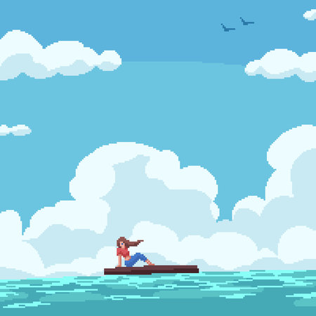 pixel art of woman raft seaのイラスト素材