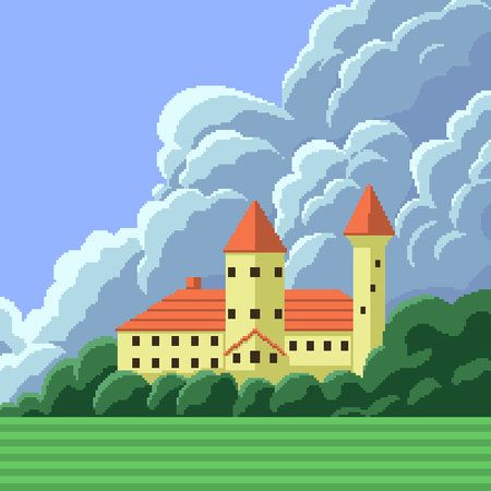 pixel art of mansion on hillのイラスト素材