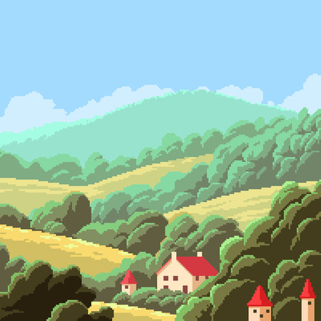 pixel art of small hill villageのイラスト素材