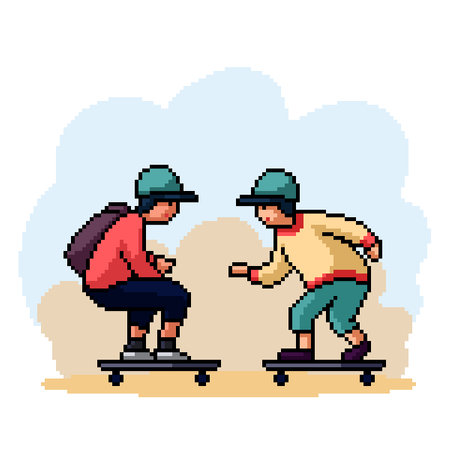 pixel art of kid play skateboardのイラスト素材