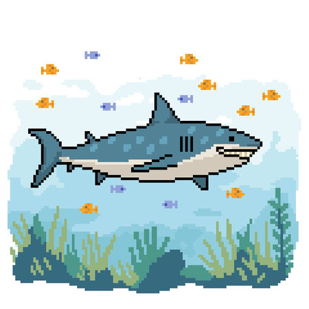 pixel art of shark swim underwaterのイラスト素材