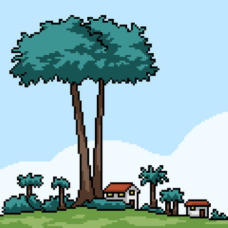 pixel art of house under big tree