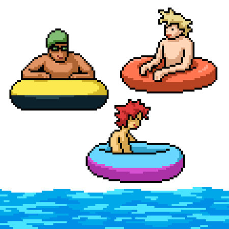 vector pixel art of man swim rubber ringのイラスト素材