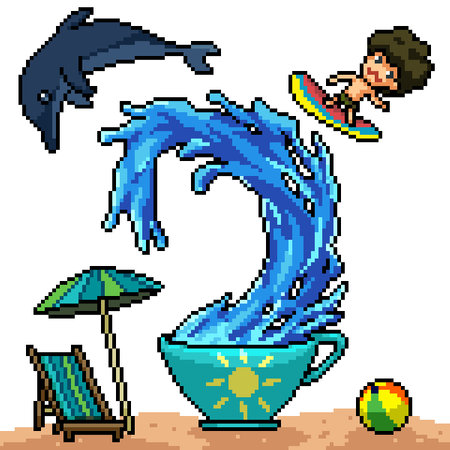 Set of 8-bit pixel art sea waves and mermaidsのイラスト素材