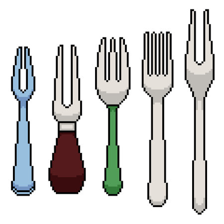 pixel art of various forks kitchen isolated backgroundのイラスト素材