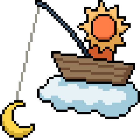 pixel art of sun fishing moon isolated backgroundのイラスト素材