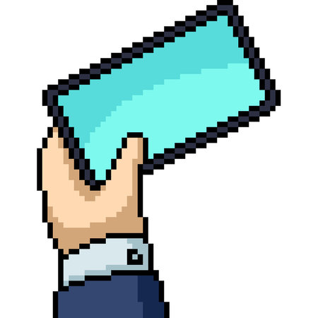 pixel art of hand hold phone isolated background