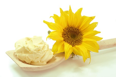 Vegetable oleo on a cooking spoon with sunflower on white backgroundの写真素材