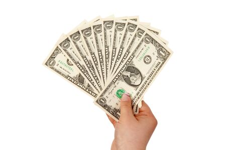 Female hand holding dollar bills - isolated on white background