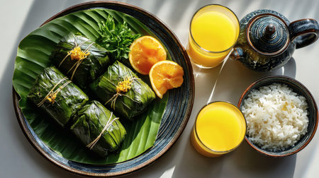 Sticky rice wrapped in banana leaves and served with orange juice.の素材