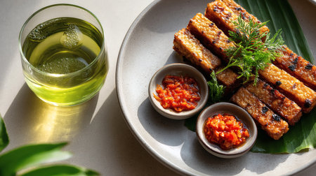 Fried tofu with chili sauce on white plate with green leaf backgroundの素材