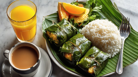 Sticky rice wrapped in banana leaves and served with orange juice.の素材
