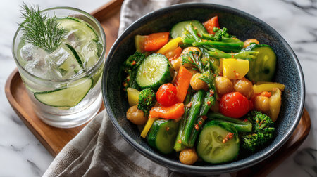 Vegetable salad with chickpeas, carrots, cucumbers, beans, tomatoes and spinach in a bowlの素材