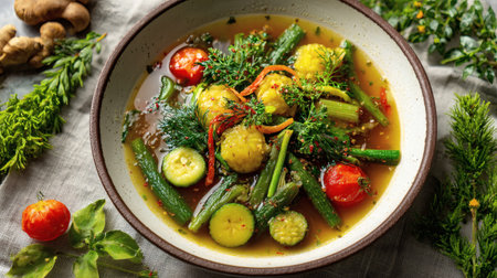 Vegetable soup with asparagus, zucchini and cherry tomatoesの素材