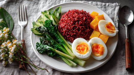 Healthy breakfast with boiled eggs, rice and vegetables on a plateの素材